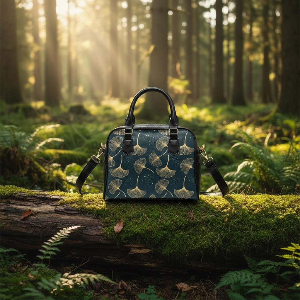 Black Gold Ginkgo Leaves Shoulder Handbag – Botanical Vegan PU Leather Handbag