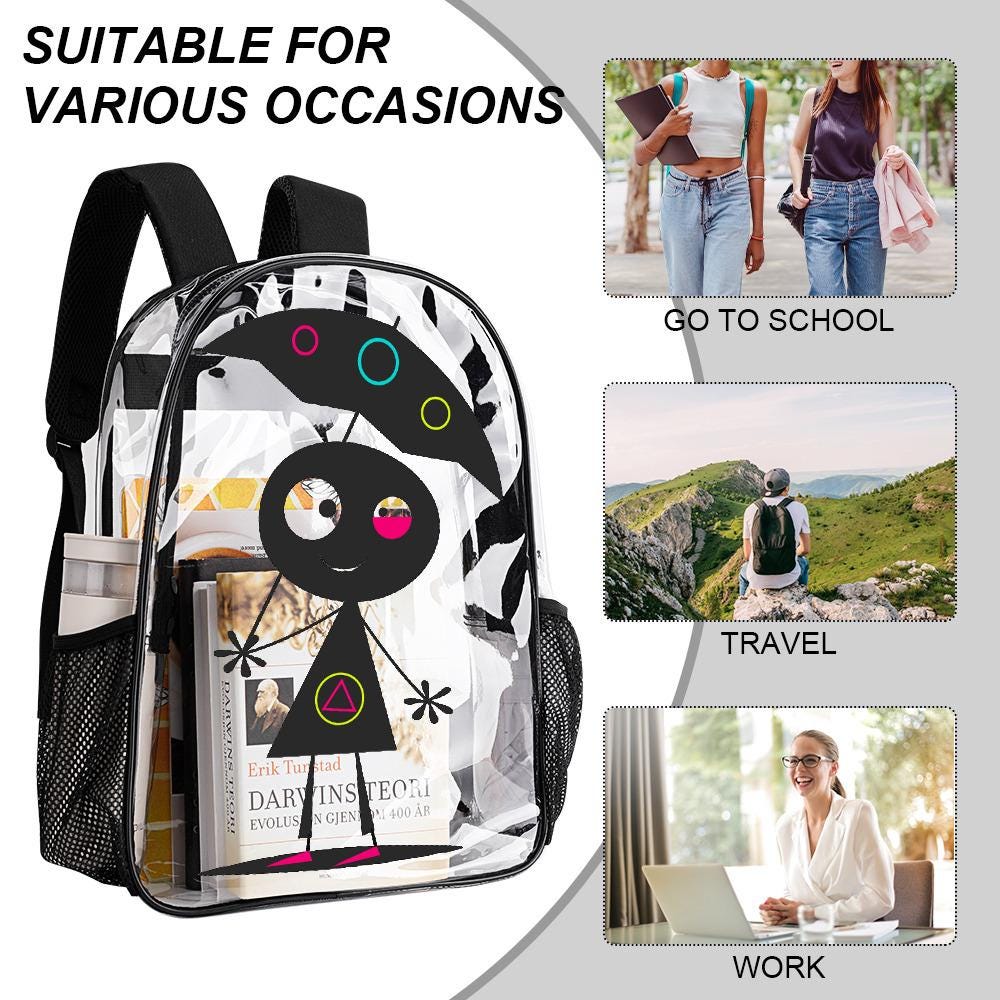 Clear PVC Backpack, Monster Graphic, Travel Work School Bag