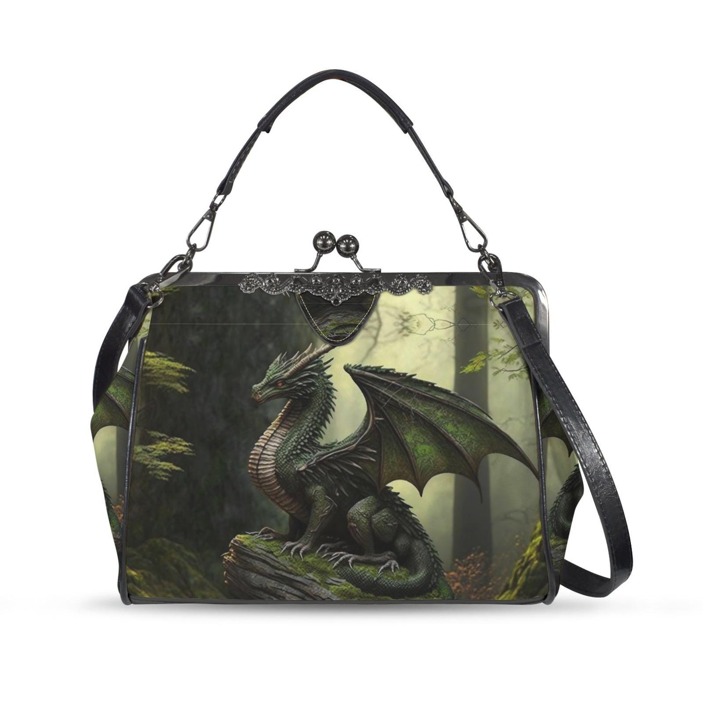 Dragon Fantasy Kisslock Crossbody Shoulder Bag - Dark Academia Gothic Handbag