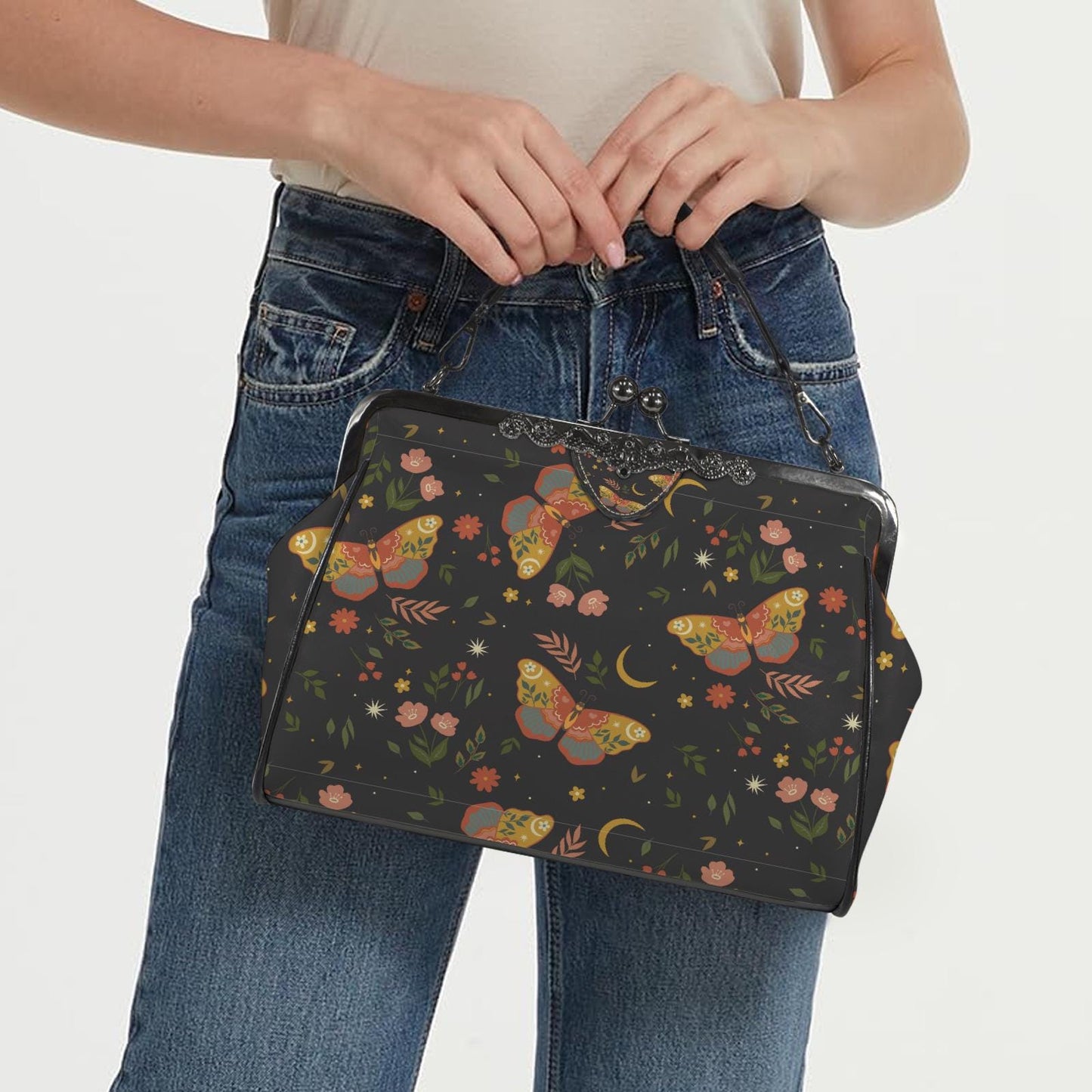 Dark Academia Moths Kisslock Handbag – Vintage Style Crossbody Purse
