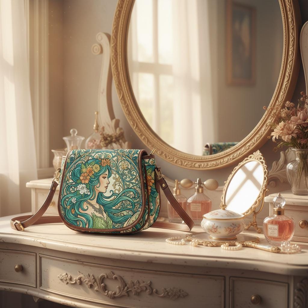 Art Nouveau Floral Saddle Bag, Romantic Crossbody or Shoulder Handbag