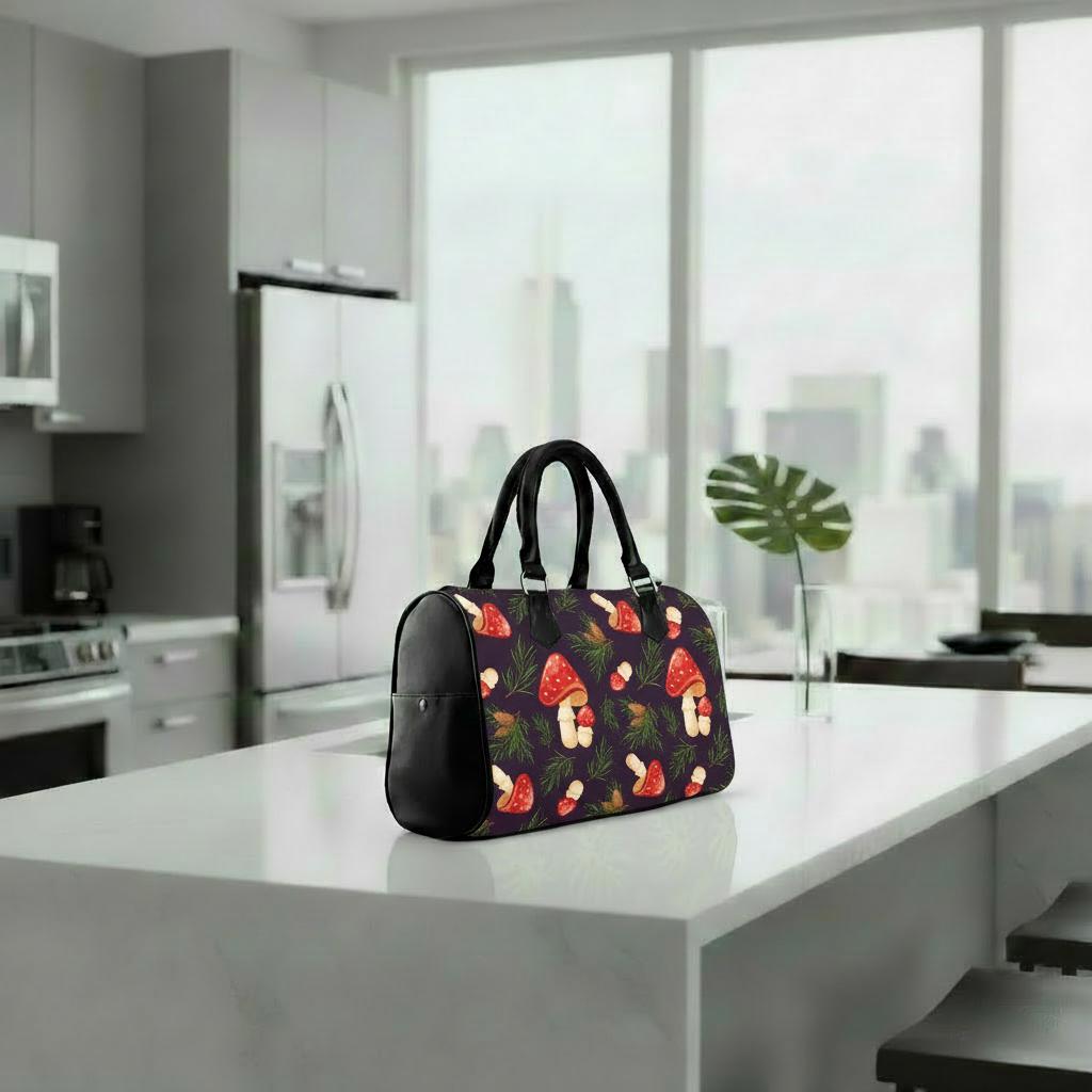 Dark Academia Mushroom Barrel Handbag – Black Red Botanical Forest Bag