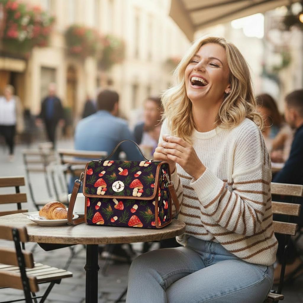Toadstool Mushrooms Canvas Crossbody Bag – Black Red Dark Academia Handbag