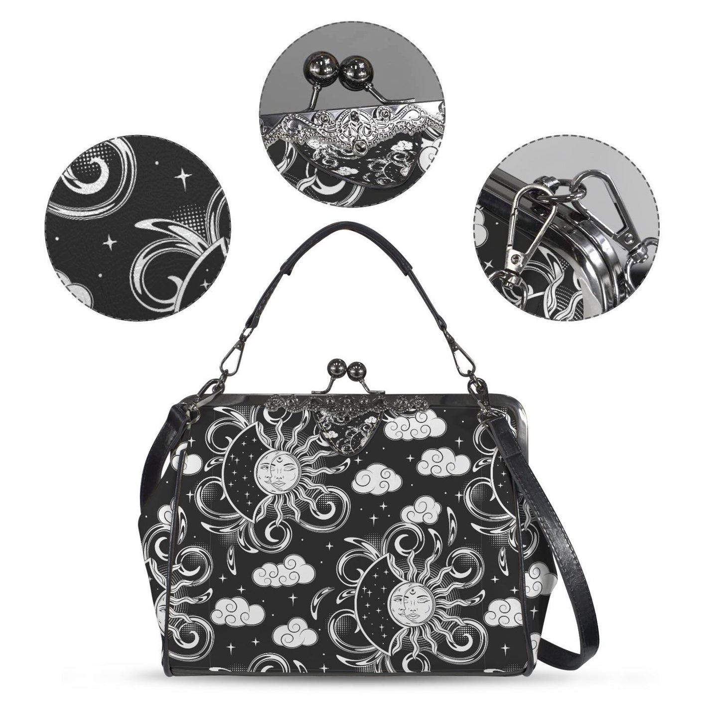 Witchcraft Sun and Moon Kisslock Handbag – Dark Academia Black White Crossbody