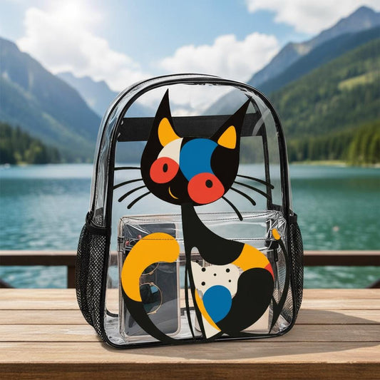 Transparent PVC Backpack with Abstract Cat Print, 17 Inch with Side Pockets