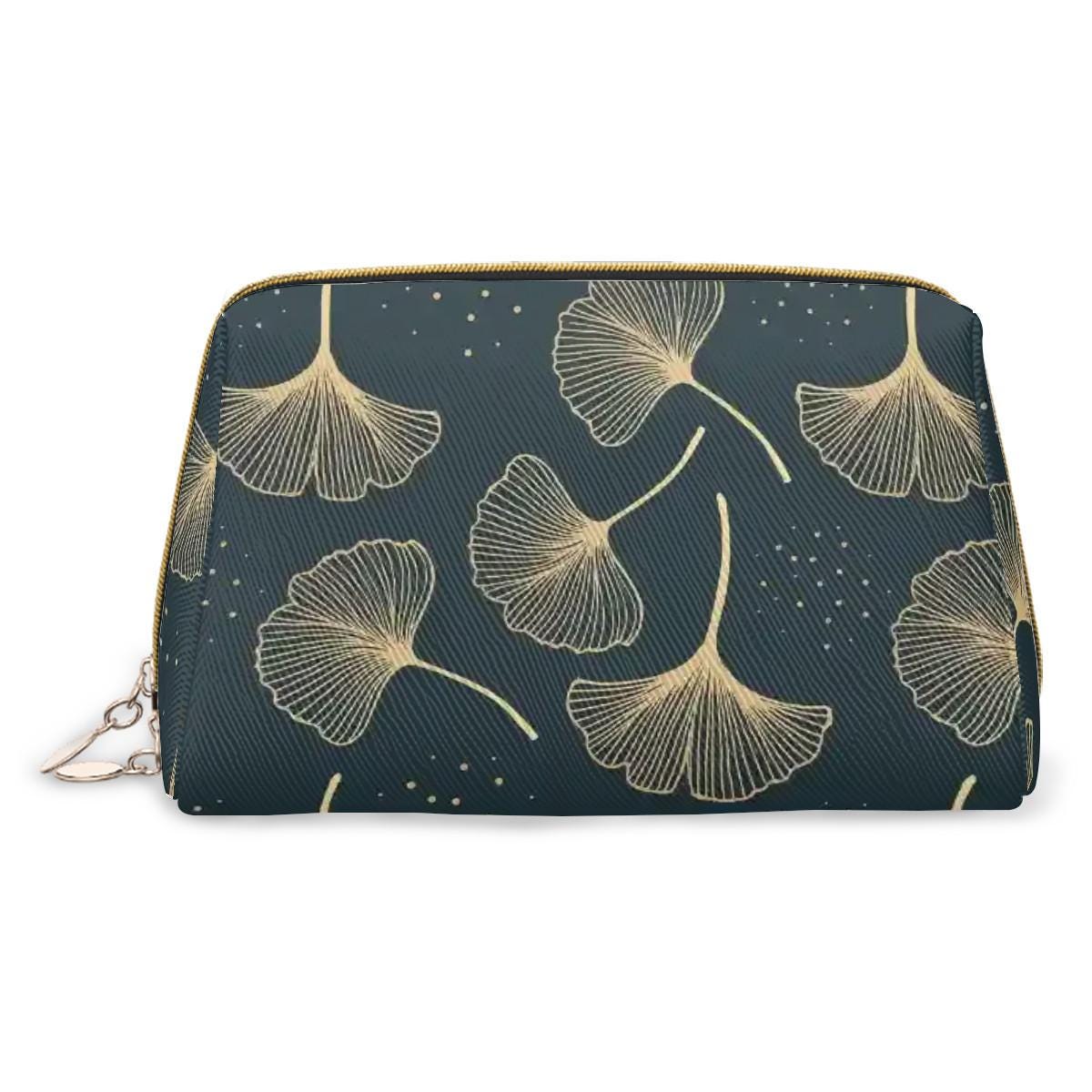 Luxury Black Gold Ginkgo Leaf Makeup Bag – Faux-Leather Travel Cosmetics Case