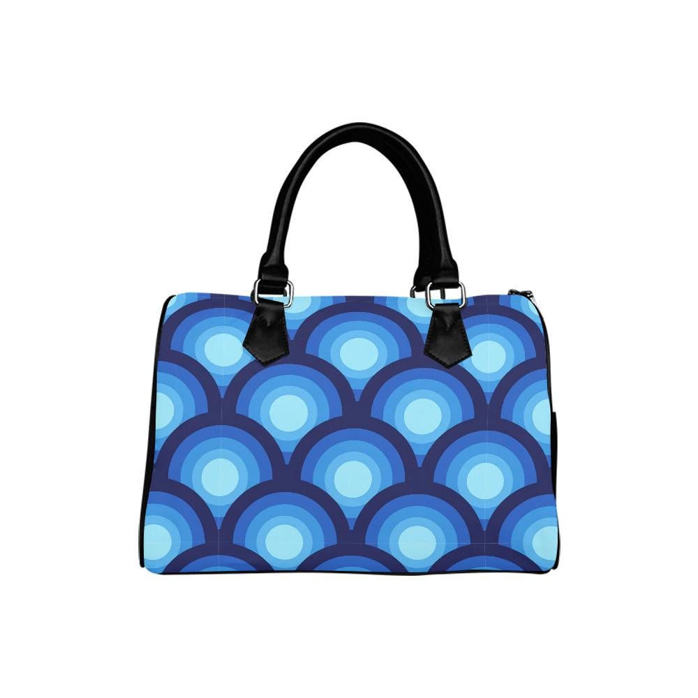 Retro 70s Peacock Eye Print Barrel Handbag – Blue Black Everyday Top Handle Purse