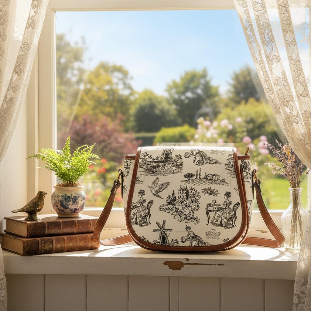 Toile de Jouy Saddle Bag, French Vintage Romantic Crossbody or Shoulder Handbag