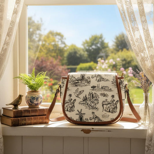 Toile de Jouy Saddle Bag, French Vintage Romantic Crossbody or Shoulder Handbag