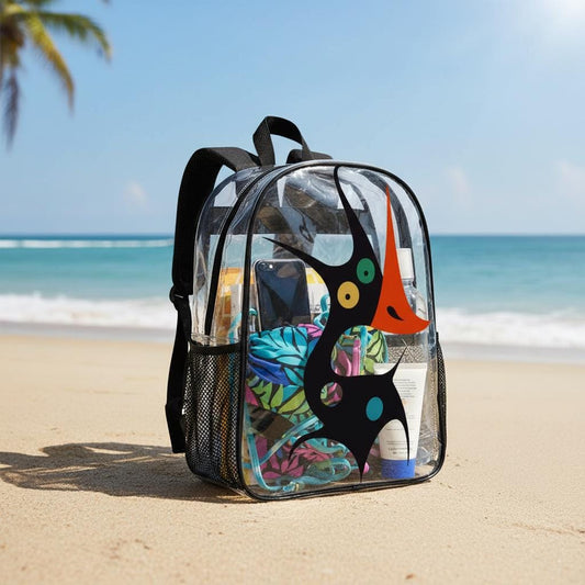 Clear PVC Backpack, Monster Print, School Travel Business Daypack with Side Pockets