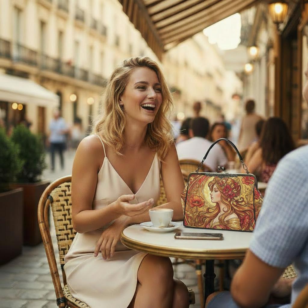 Art Nouveau Style Kisslock Crossbody Handbag - Vintage Romantic Bag