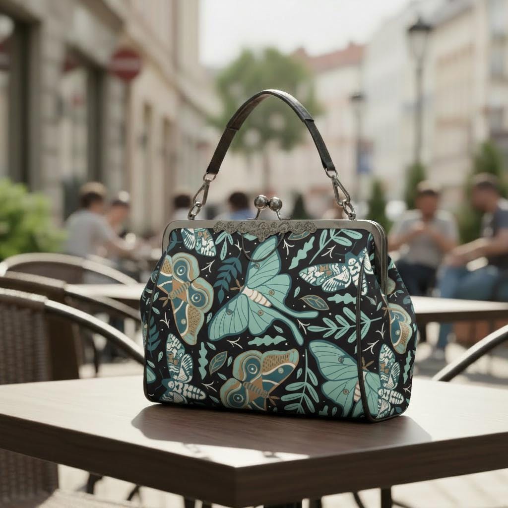 Moths and Moon Vintage Kisslock Crossbody Handbag – Dark Academia Adjustable Strap