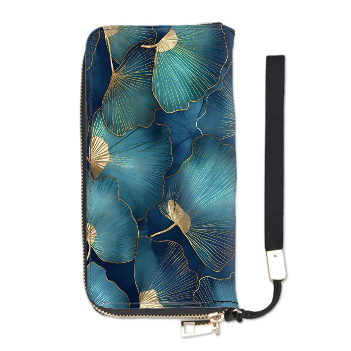 Blue Gold Ginkgo Leaves Clutch Wallet – Elegant Botanical Vegan Purse