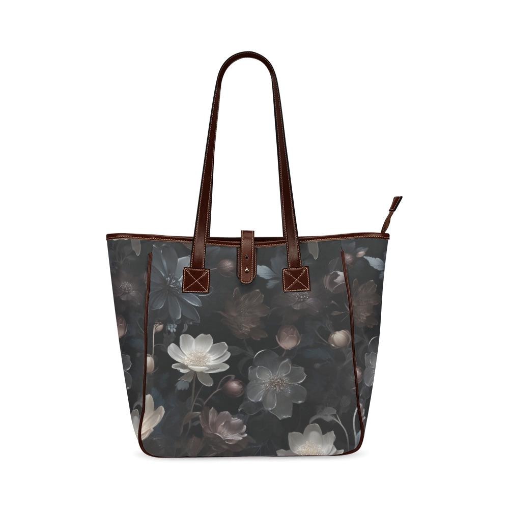 Dark Academia Bold Floral Style Handbag – Black Gray Classic Large Tote Bag
