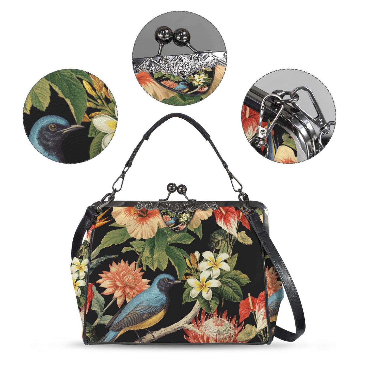 Bold Exotic Flowers & Bird Kisslock Crossbody Shoulder Bag - Dark Academia Handbag