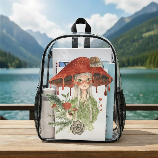 Fairycore Clear PVC Backpack, Mushroom Forest Daypack, Mesh Side Pockets