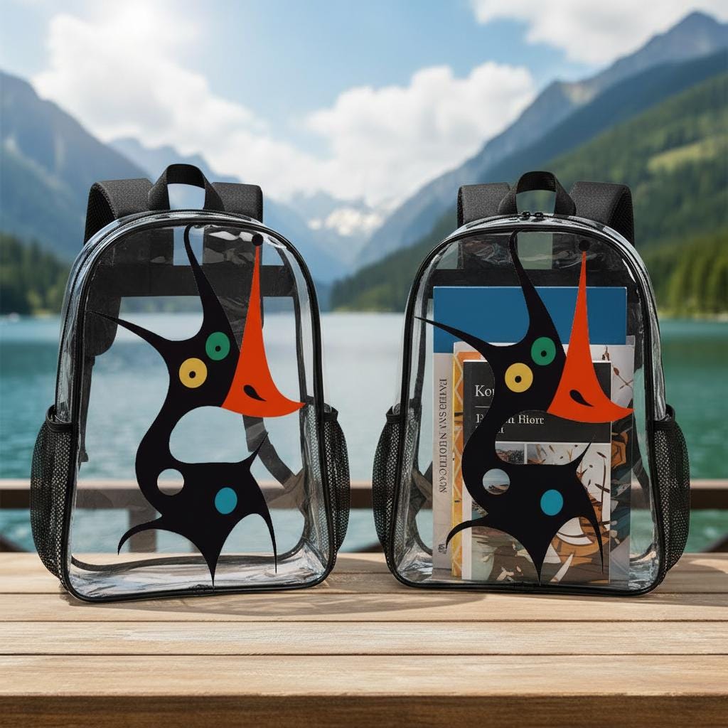 Clear PVC Backpack, Monster Print, School Travel Business Daypack with Side Pockets