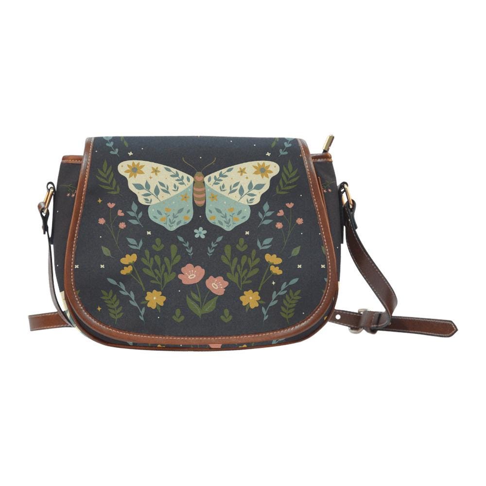 Dark Academia Moth Butteflies Saddle Handbag – Crossbody Oxford Fabric Alternative