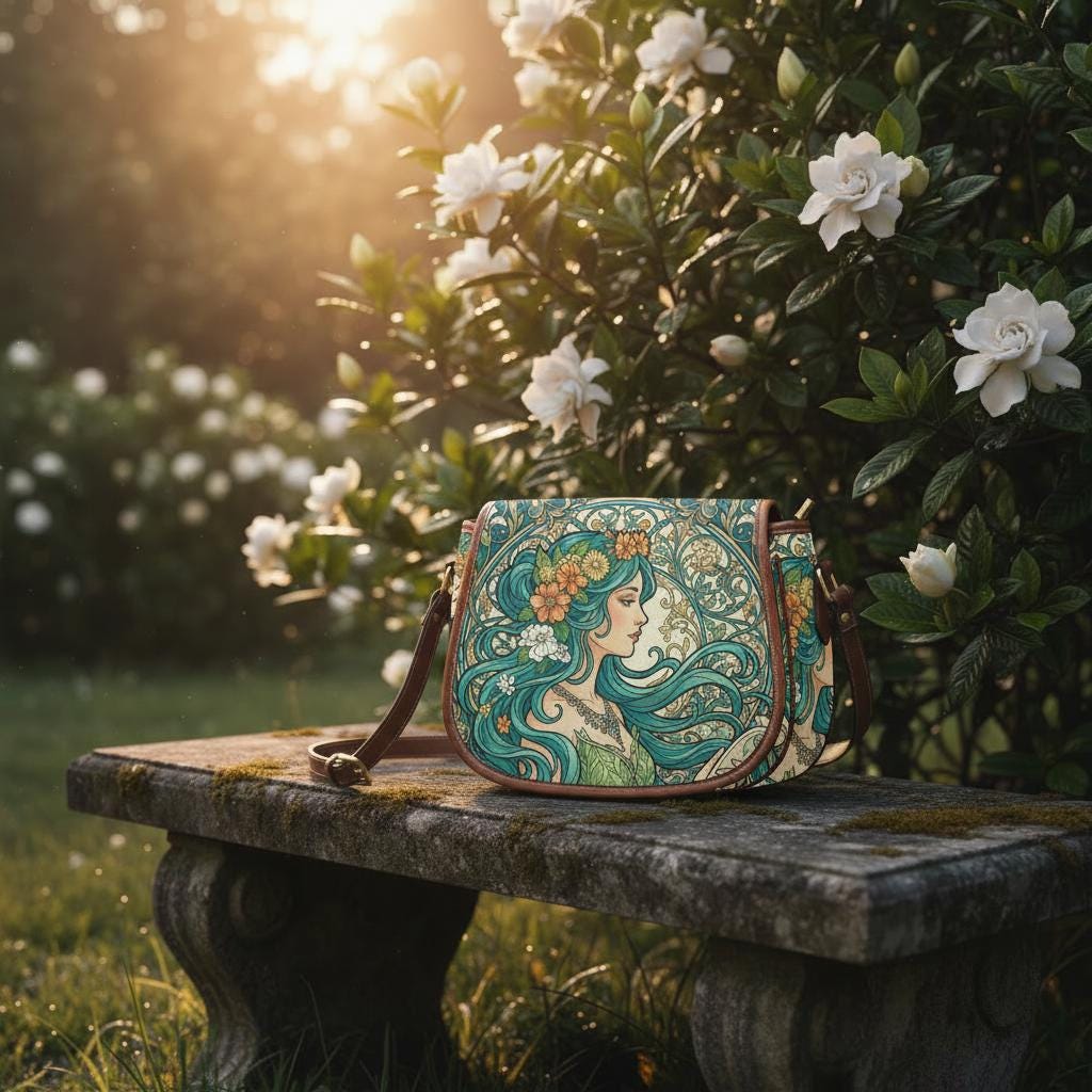 Art Nouveau Floral Saddle Bag, Romantic Crossbody or Shoulder Handbag