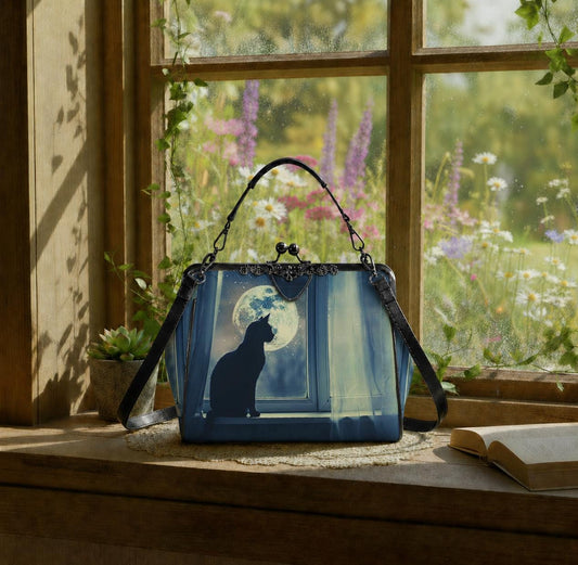 Black Cat Moon Dark Academia Kisslock Bag – Gothic Night Crossbody Handbag