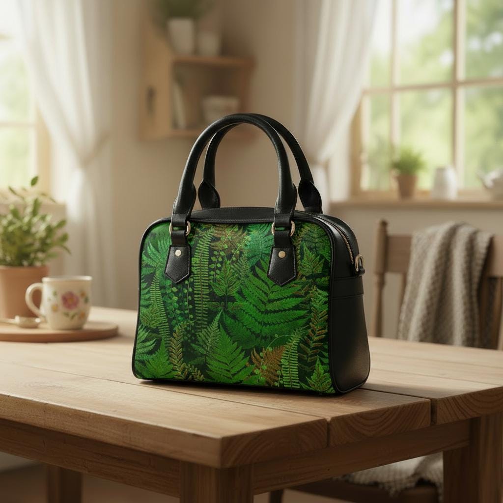Green Fern Botanical Shoulder Handbag – Forest Lover Top Handle Handbag