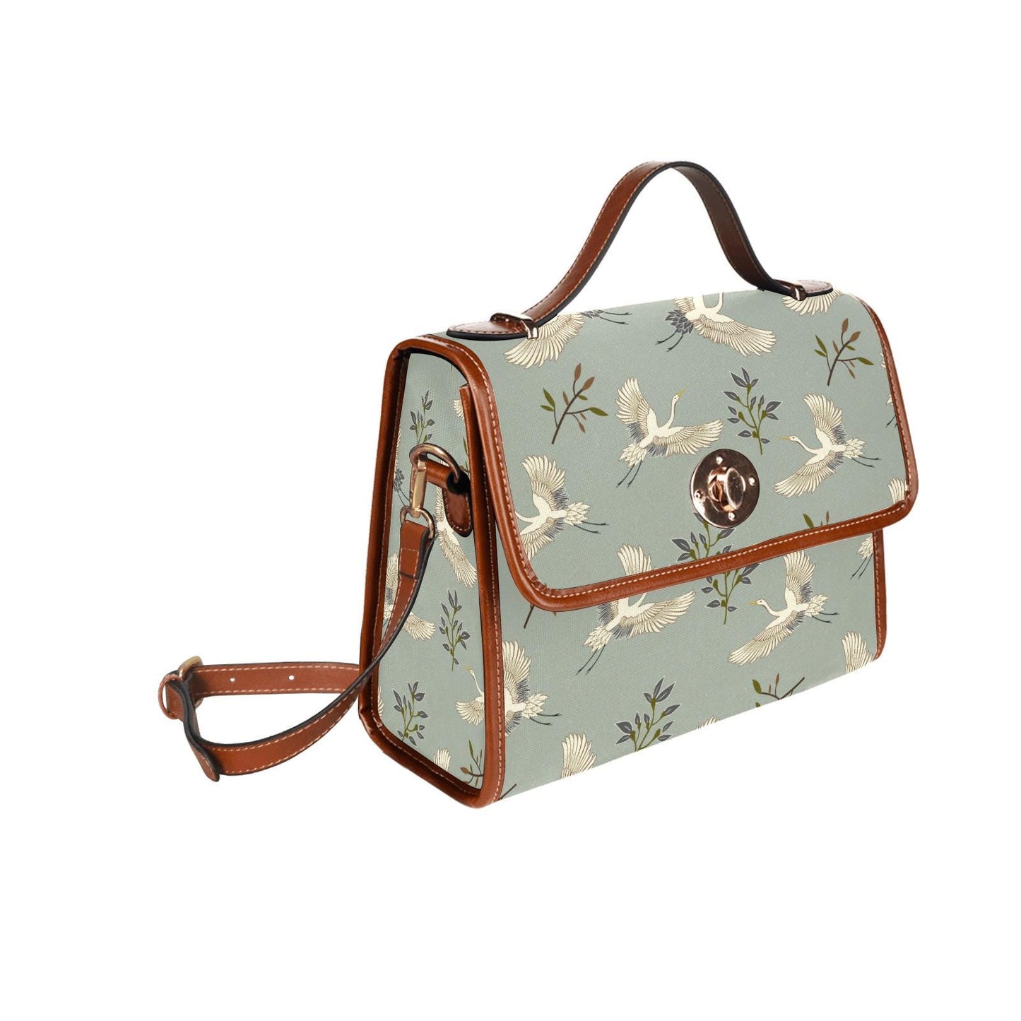 Cranes Canvas Crossbody Handbag – Vintage Gray Green Japandi Top Handle Bag