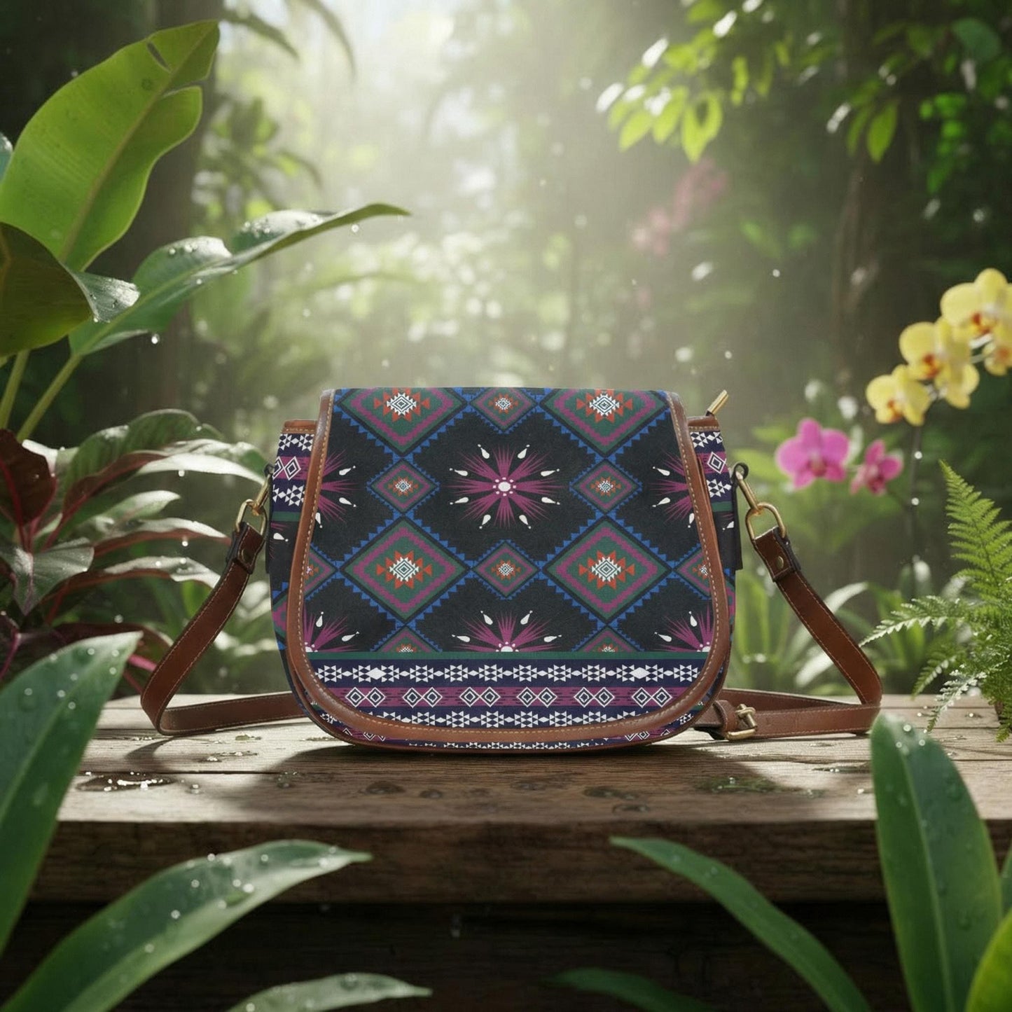 Boho Tribal Ikat Saddle Handbag – Dark Ethnic Modern Heritage Bag