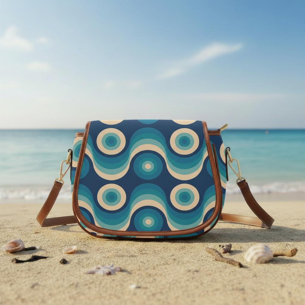 Retro 70s Wave Pattern Saddle Bag - Midcentury Style Crossbody Handbag