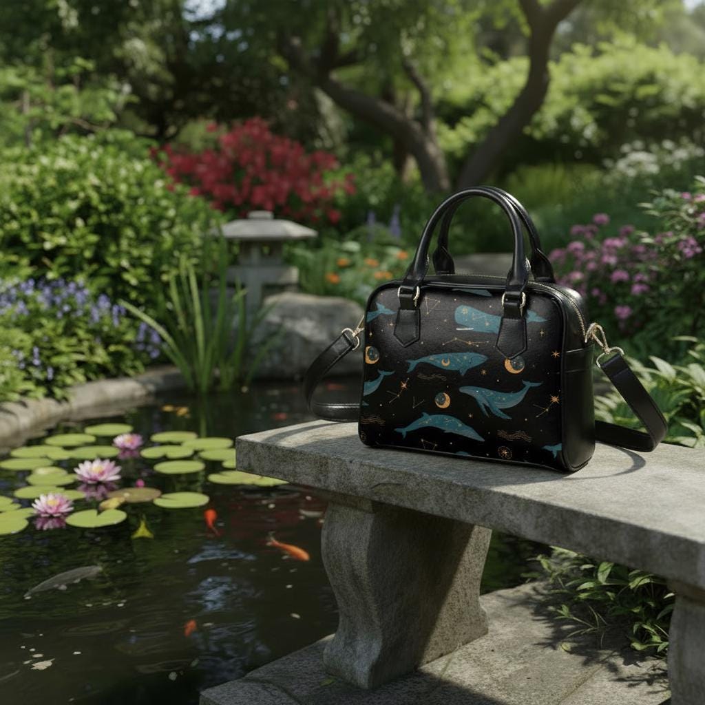 Whimsical Whale Moon Shoulder Handbag – Black Blue Fairycore Vegan Top Handle Bag