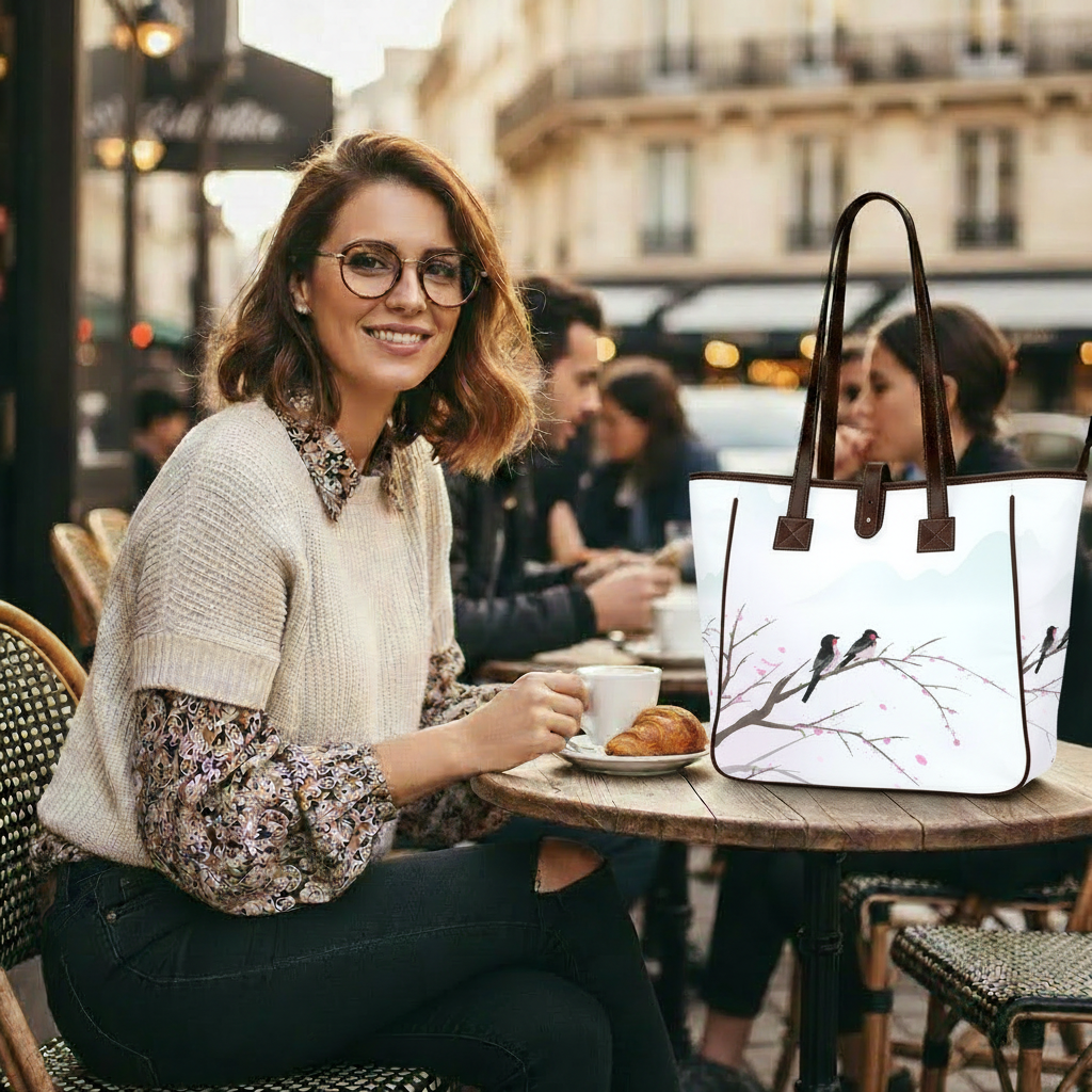 Sakura Watercolor Birds Tote Bag – carried at a café table