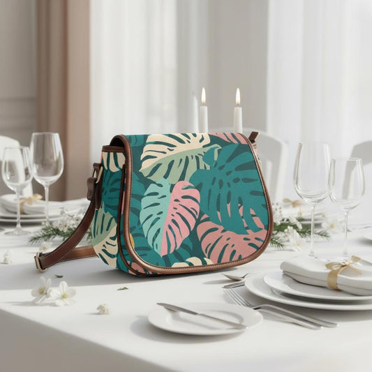 Retro 60s Monstera Pattern Saddle Bag - Midcentury Botanical Crossbody Handbag