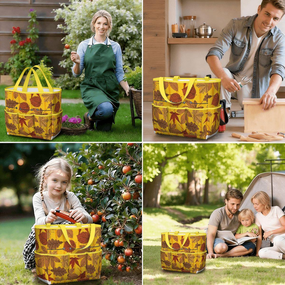 Autumn Leaves Garden Tote – Yellow Brown Gardening Tool Organizer Bag With Pockets