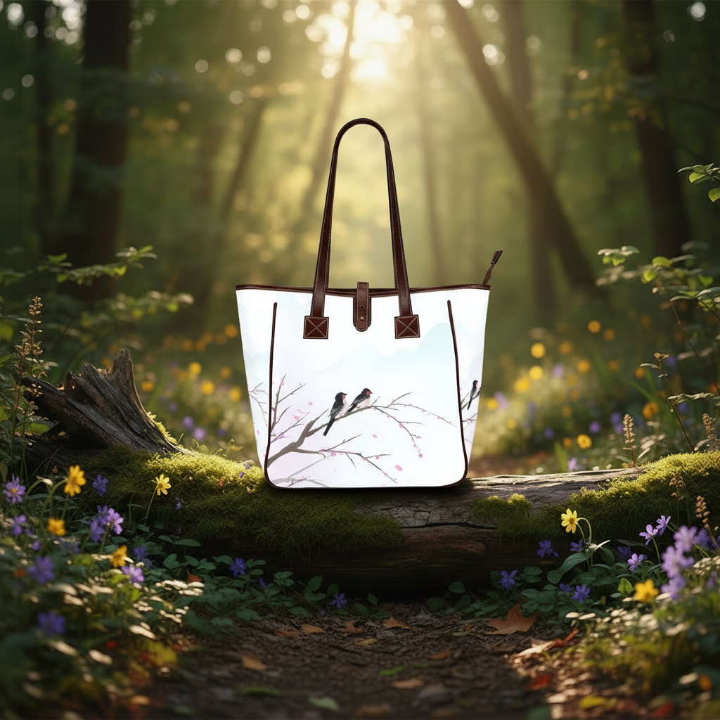 Sakura Watercolor Birds Tote Bag – in a sunlit forest