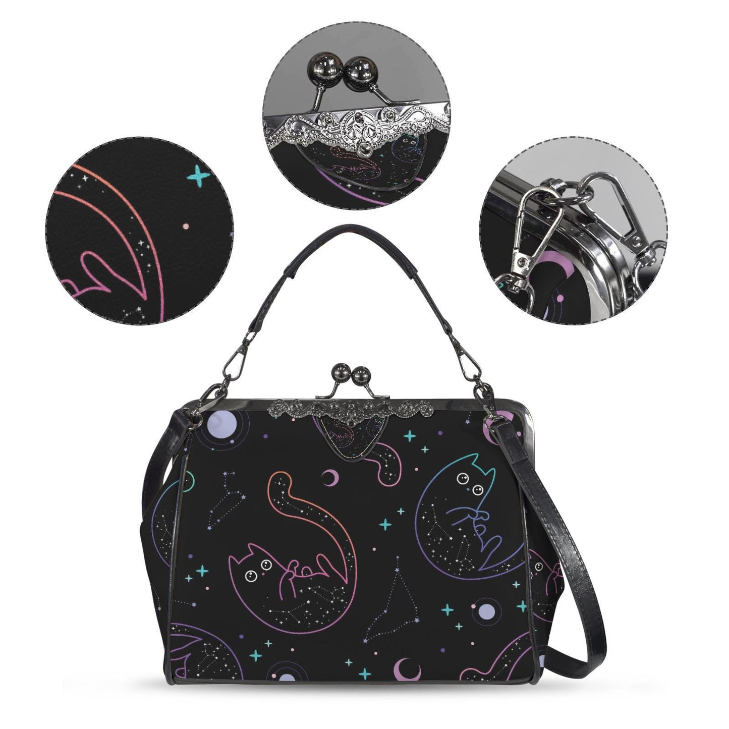Dark Academia Space Cat Vintage Kisslock Bag - Victorian Gothic Crossbody