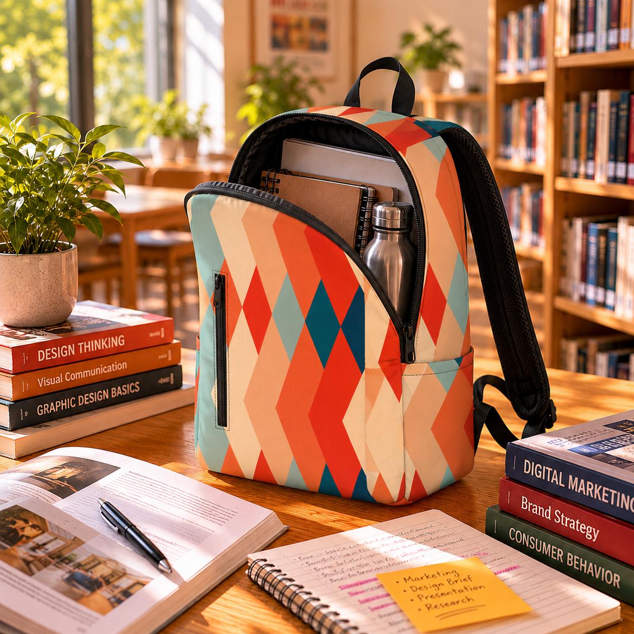 Retro 60s Backpack – Midcentury Diamonds Twill Zipper Daypack