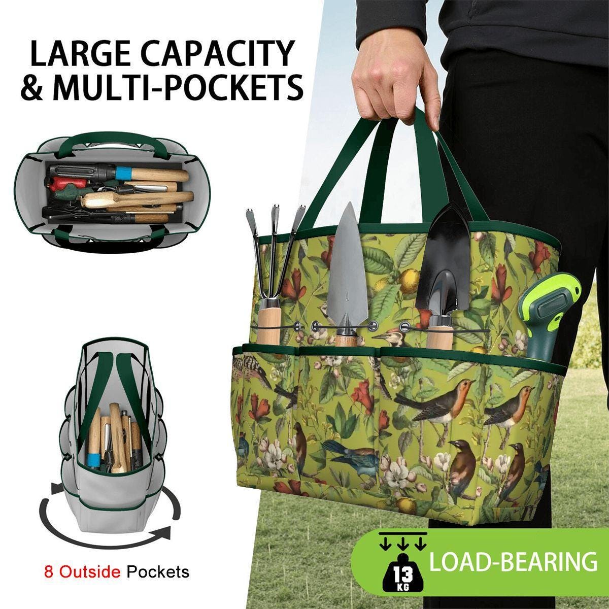 Green Vintage Bird Garden Tote – Gardening Tool Organizer Bag With Pockets