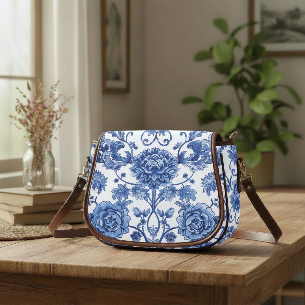 Toile de Jouy Vintage Saddle Bag - French Vintage Style Crossbody