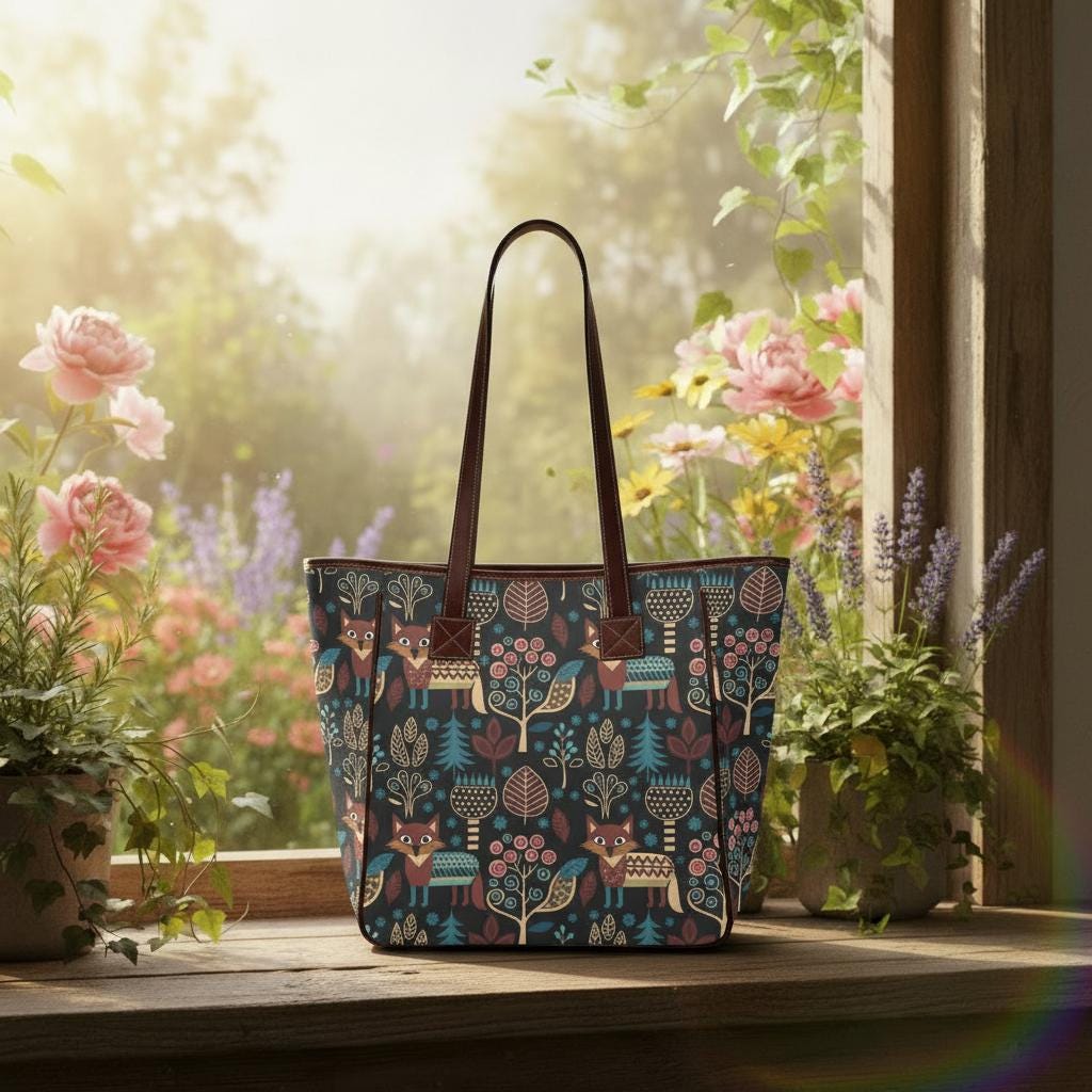 Large Nordic Folkloric Tote Bag – Scandi Retro Waterproof Shopper