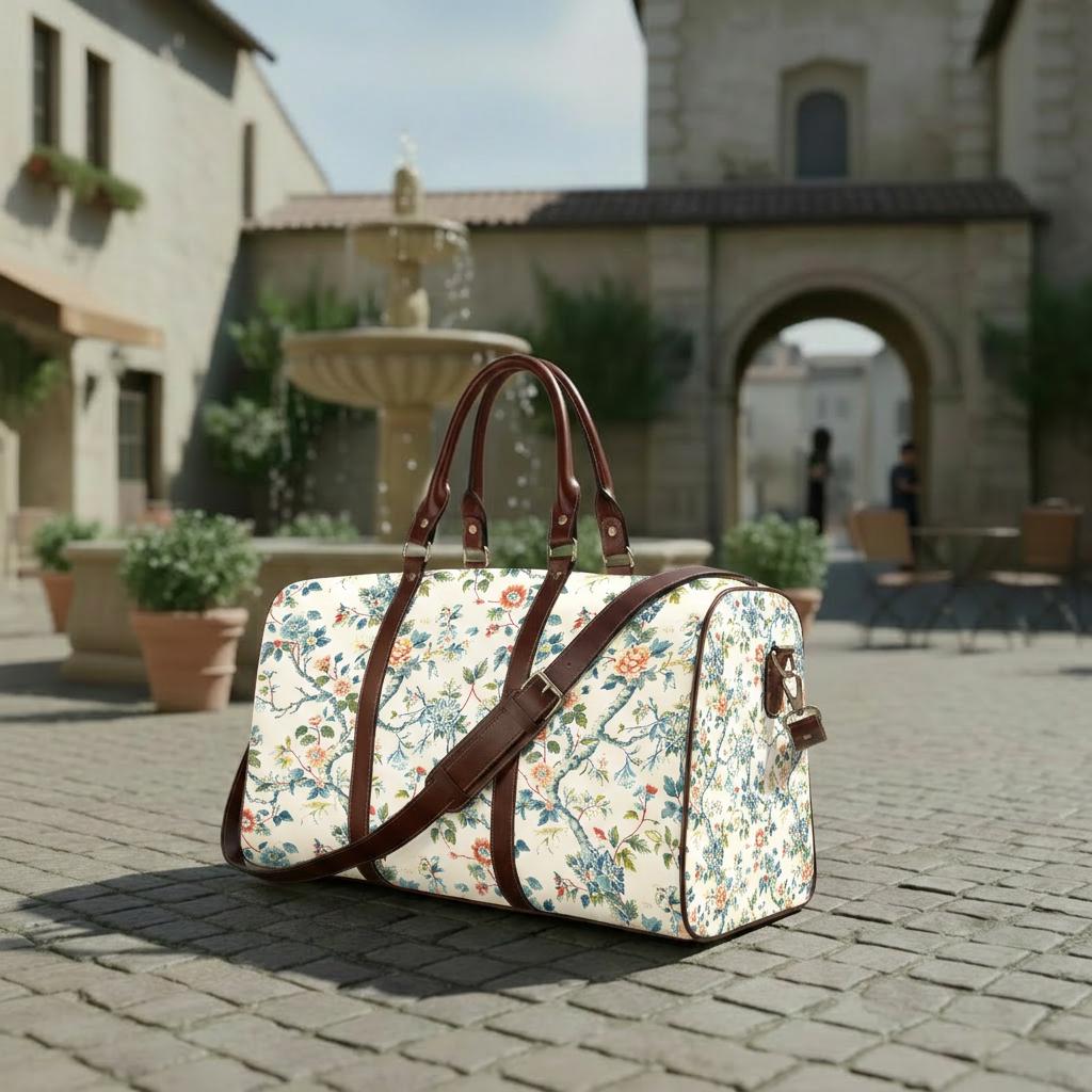 Toile de Jouy Weekender Travel Bag – French Vintage Print Vegan Duffle Bag