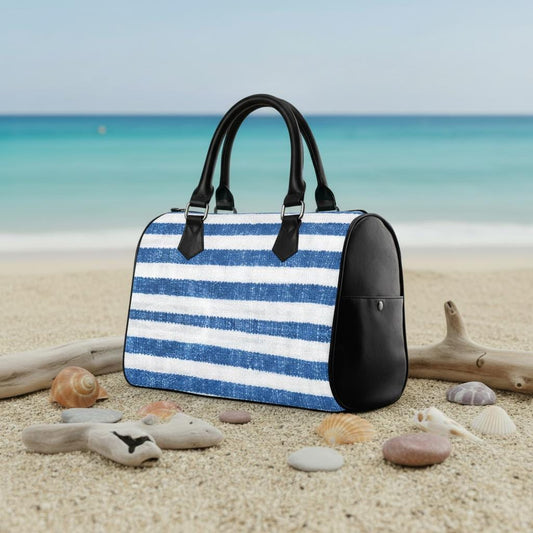 Blue White Stripes Barrel Handbag – Maritime Canvas Vegan Leather Purse