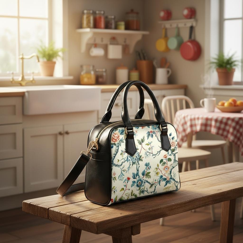 Toile de Jouy Shoulder Handbag – French Vintage Floral Handbag with Top Handle