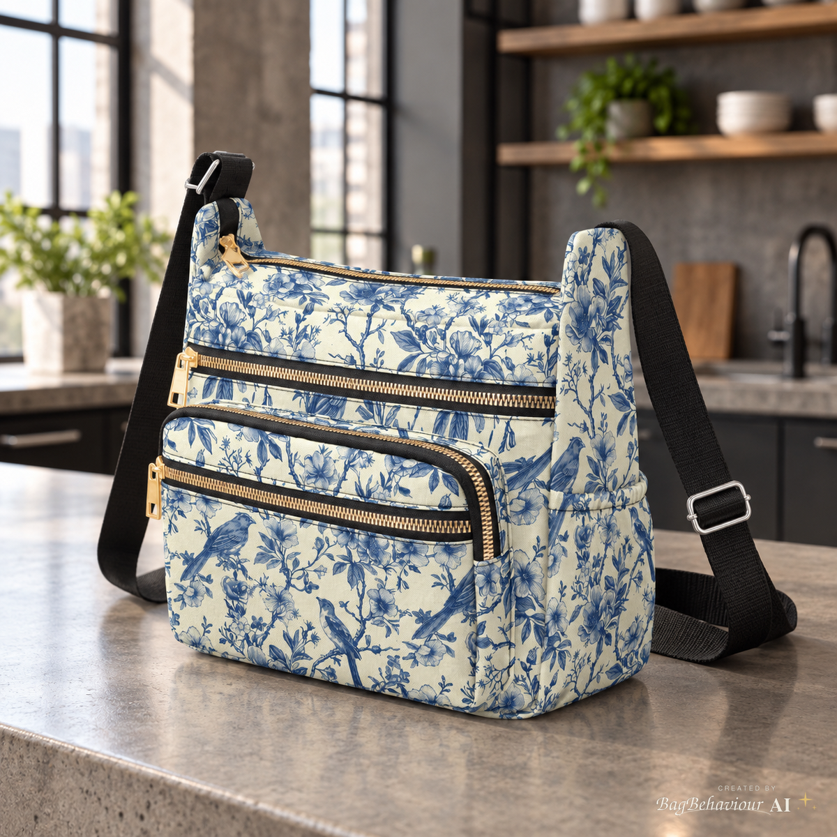 Blue White Toile de Jouy Multi-Pocket Canvas Crossbody Shoulder Bag
