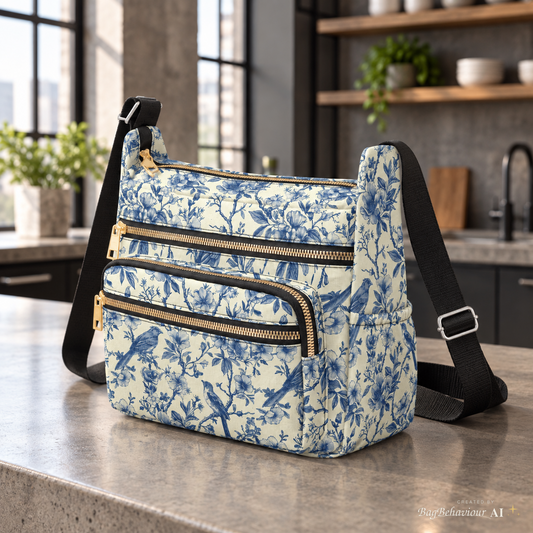 Blue White Toile de Jouy Multi-Pocket Canvas Crossbody Shoulder Bag