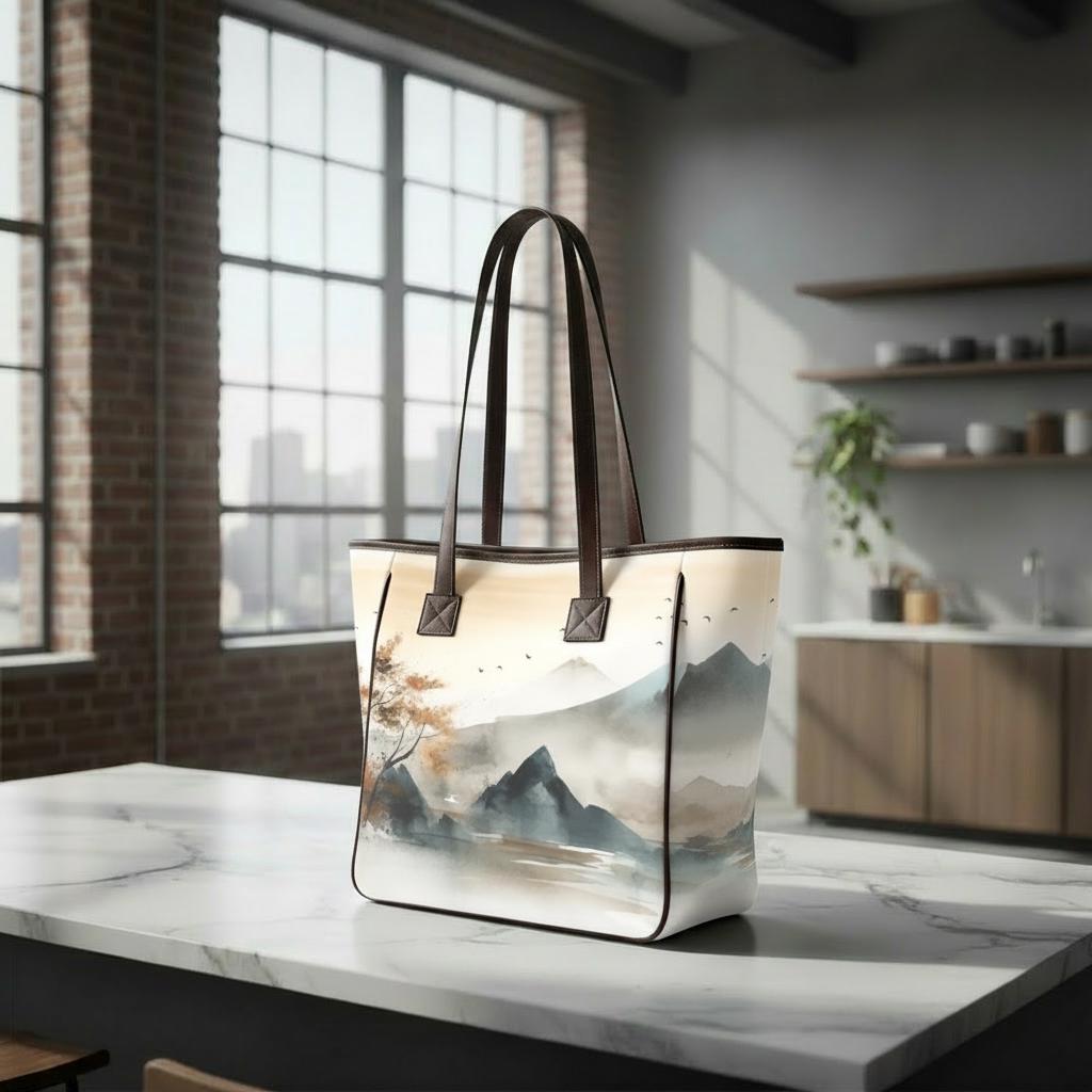 Japanese Watercolor Mountains Tote Bag – Large Asian Art Style Handbag