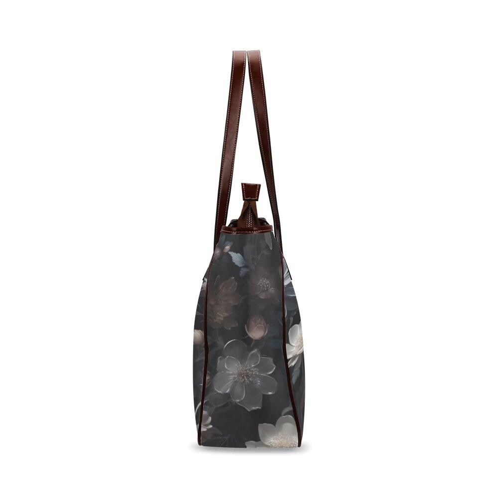 Dark Academia Bold Floral Style Handbag – Black Gray Classic Large Tote Bag