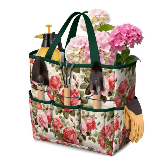 English Roses Garden Tote – Pink Green Gardening Tool Organizer Bag With Pockets