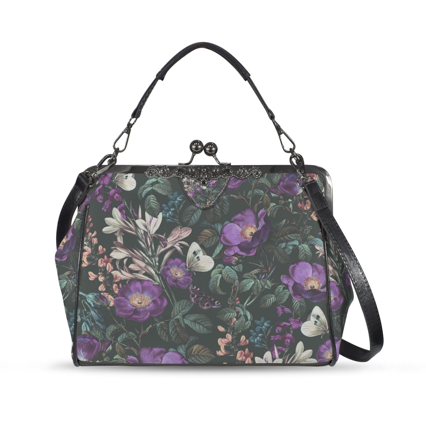 Dark Flowers Butterflies Kisslock Crossbody Handbag - Vintage Academia Floral Bag