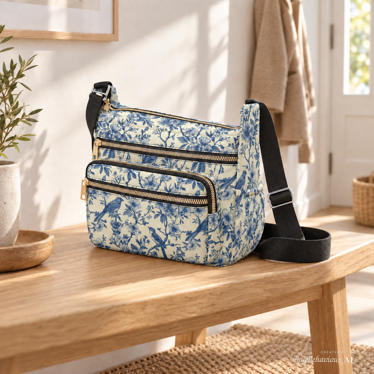 Blue White Toile de Jouy Multi-Pocket Canvas Crossbody Shoulder Bag