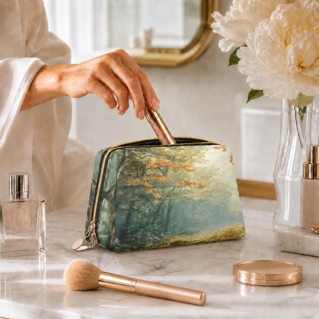 Vintage Autumn Forest Oil Painting Makeup Bag – Moody Faux Leather Travel Cosmetics Case