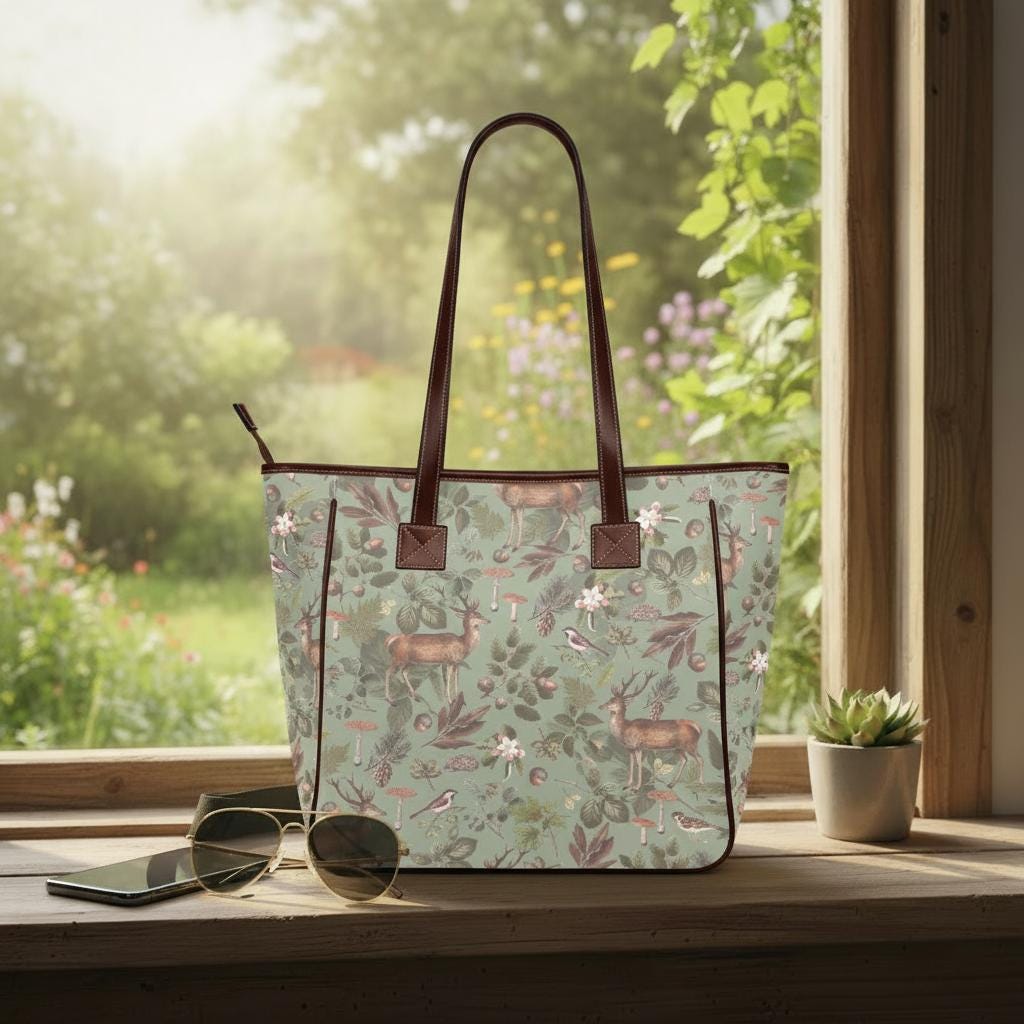Forest Deer Vintage Dark Academia Style Handbag – Classic Large Tote Bag